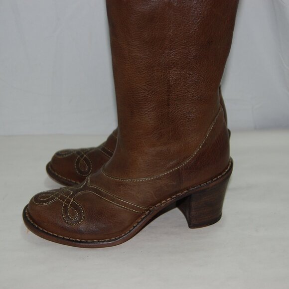 37/US7❤️ FIORENTINI+BAKER Brown Leather Over Knee High Heels Tall Biker BOOTS - Picture 4 of 14